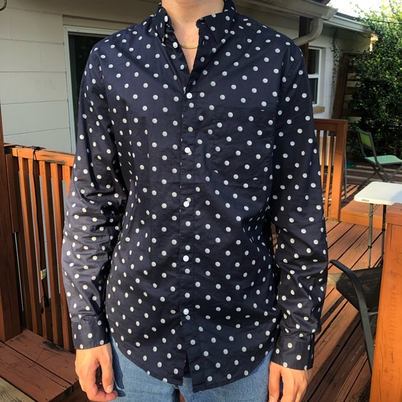 Navy blue w white polka dot button down - Picture 2 of 3